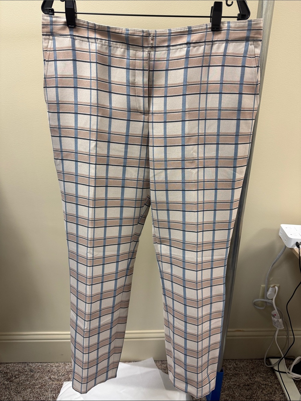 Lafayette 148 New York Plaid Straight-Leg Pants in Beige and Blue